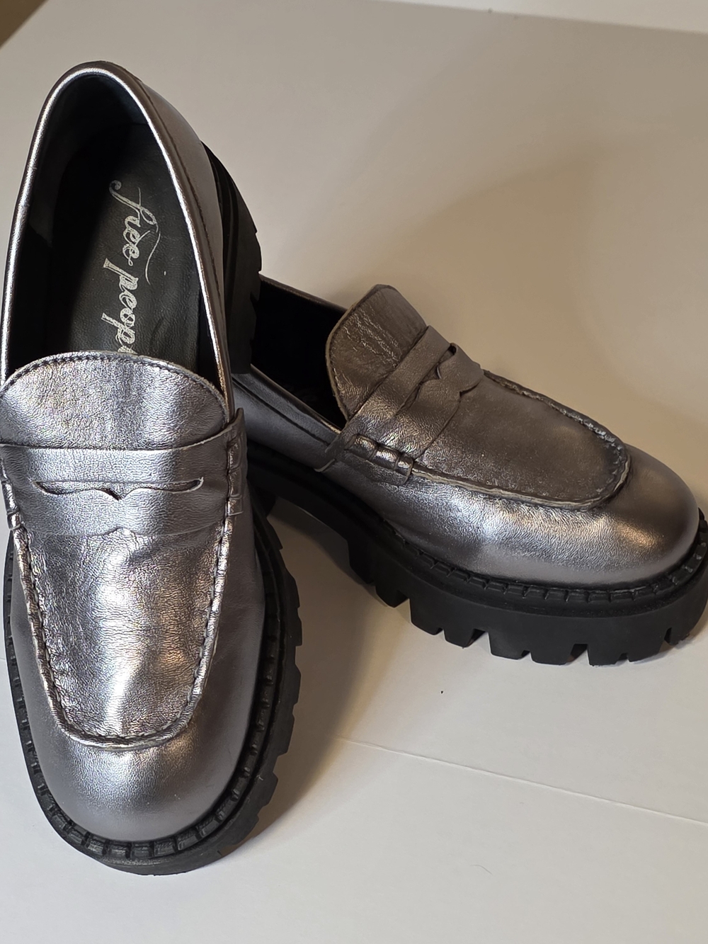 Free People‎ Metallic Silver Lug-Sole Penny Loafers